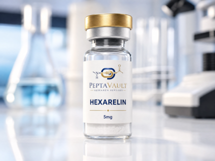 Hexarelin peptide vial for research purposes.